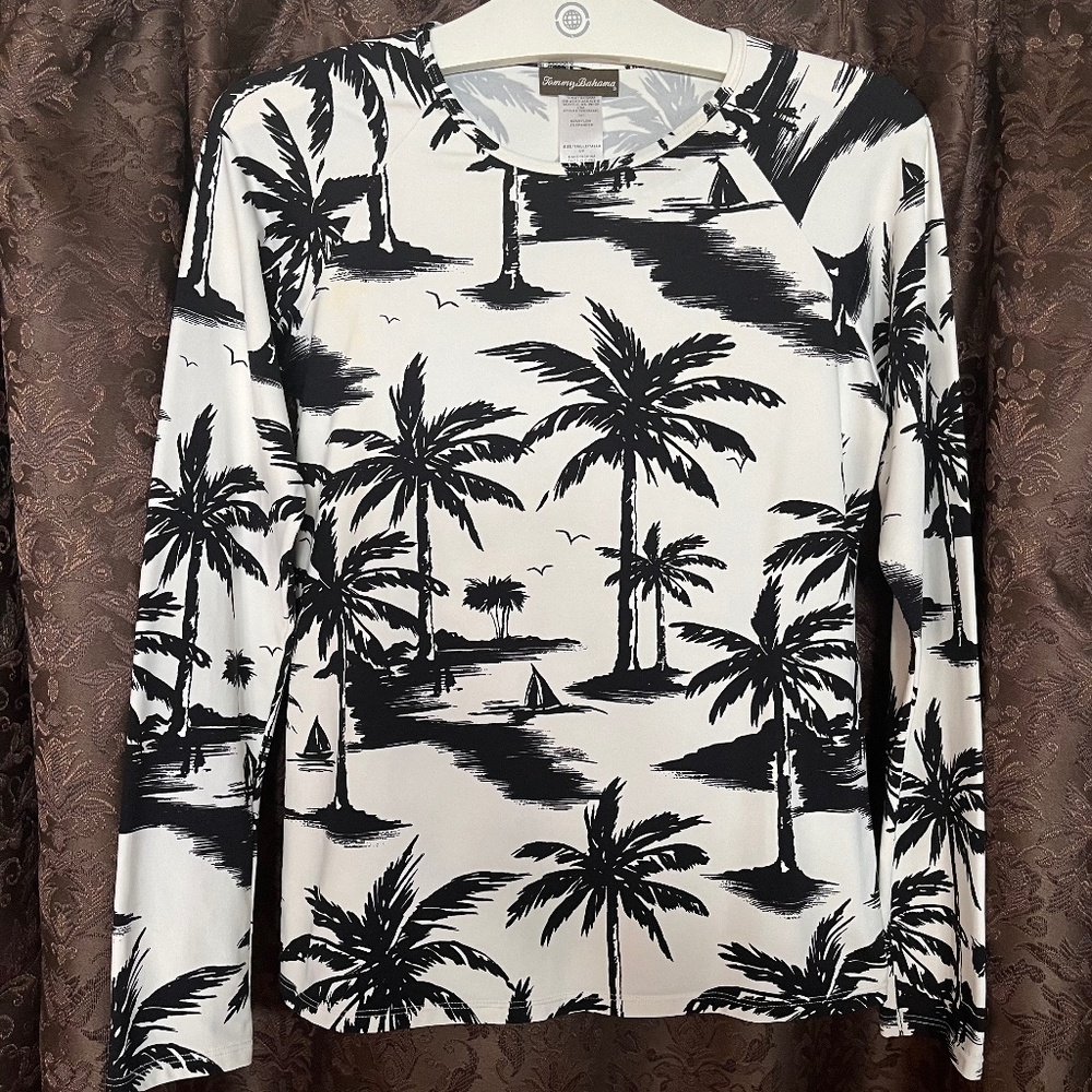 Tommy Bahama Black and White Palm Tree Long Sleeve Tee